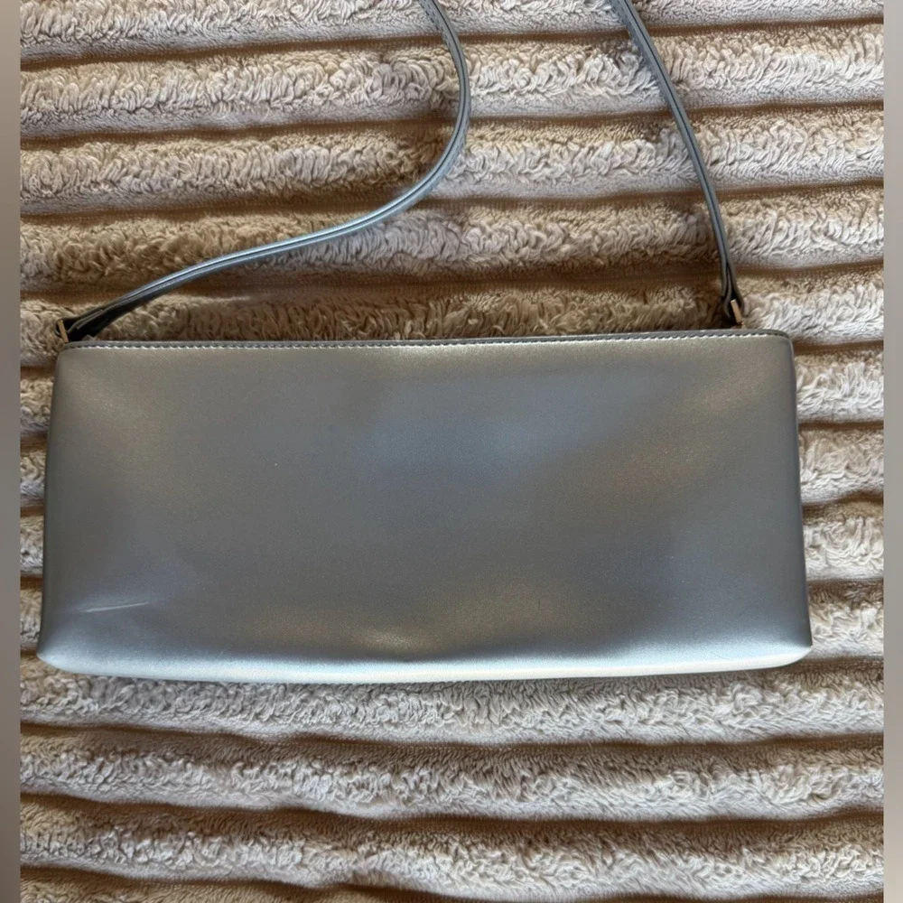 Antonio Melani Silver Metallic Leather Shoulder Bag Crossbody Rectangular Clutch
